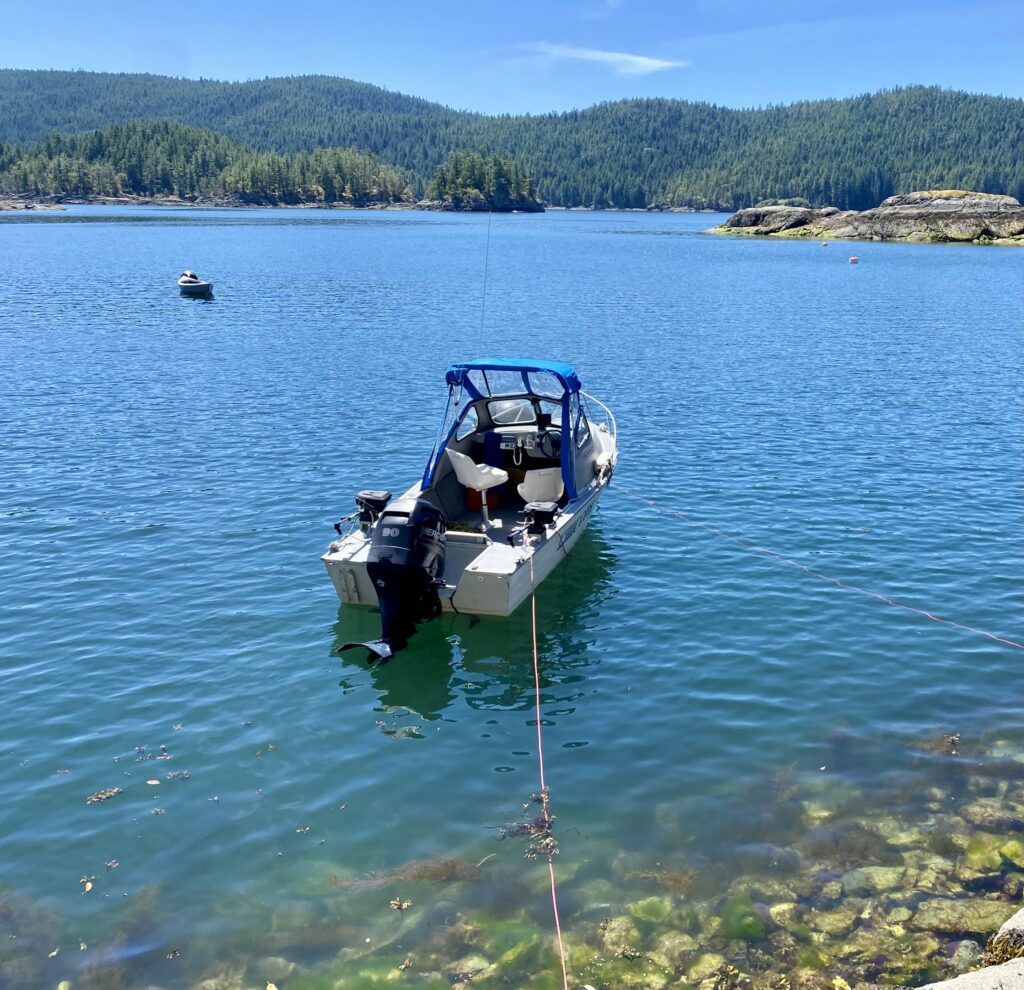 An aluminum runabout floating in the ocean beyond the rocky shore, with a pink rope extending from the Scotty downrigger mounted at the back towards shore.